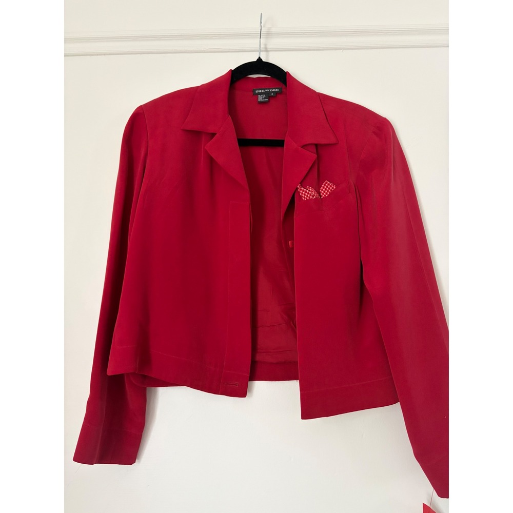 Due Per Due Red 100% Silk Cropped Blazer Jacket Gingham Pocket Square Womens 6